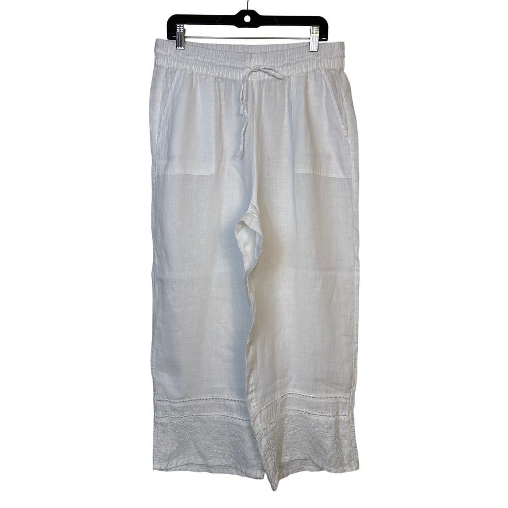 Sigrid Olsen 100% Linen Wide Leg Pants Sz Large Embroidered Hem White Beach